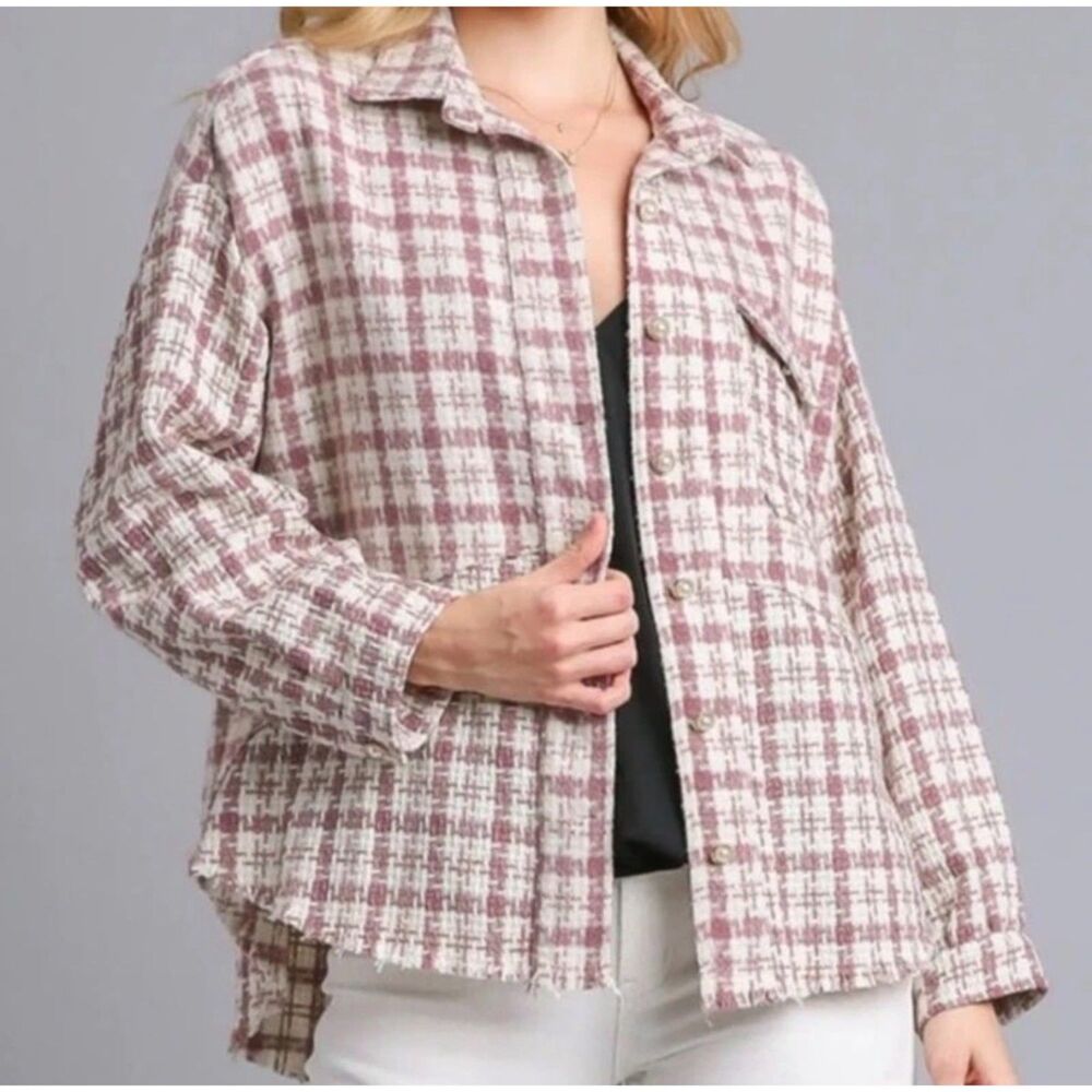 Umgee Dusty Rose Tweed Plaid Collar Button Down Front Pockets Shacket Coquette M